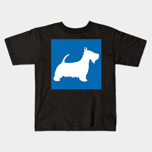 Scottish Terrier Dog Silhouette - White on Scottish Saltire Blue Background Kids T-Shirt by MacPean